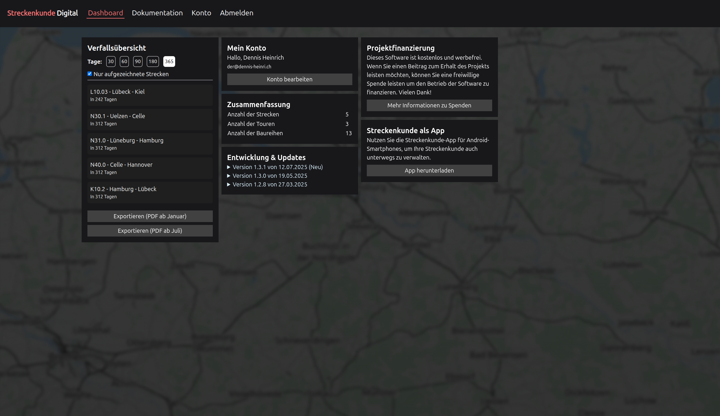 Dashboard-Ansicht mit Übersicht der Strecken und Aktivitäten