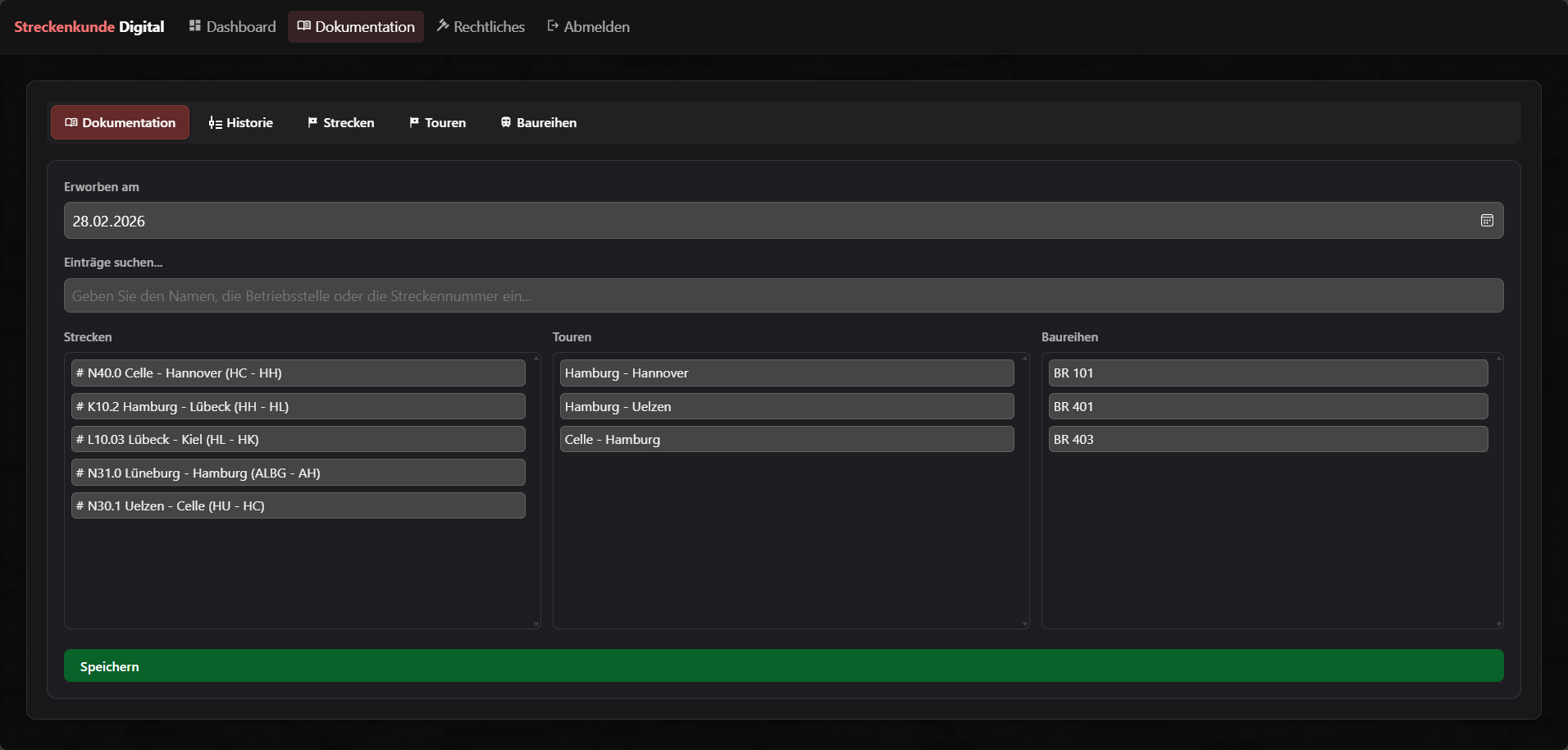 Dokumentationsseite mit detaillierten Streckenbeschreibungen